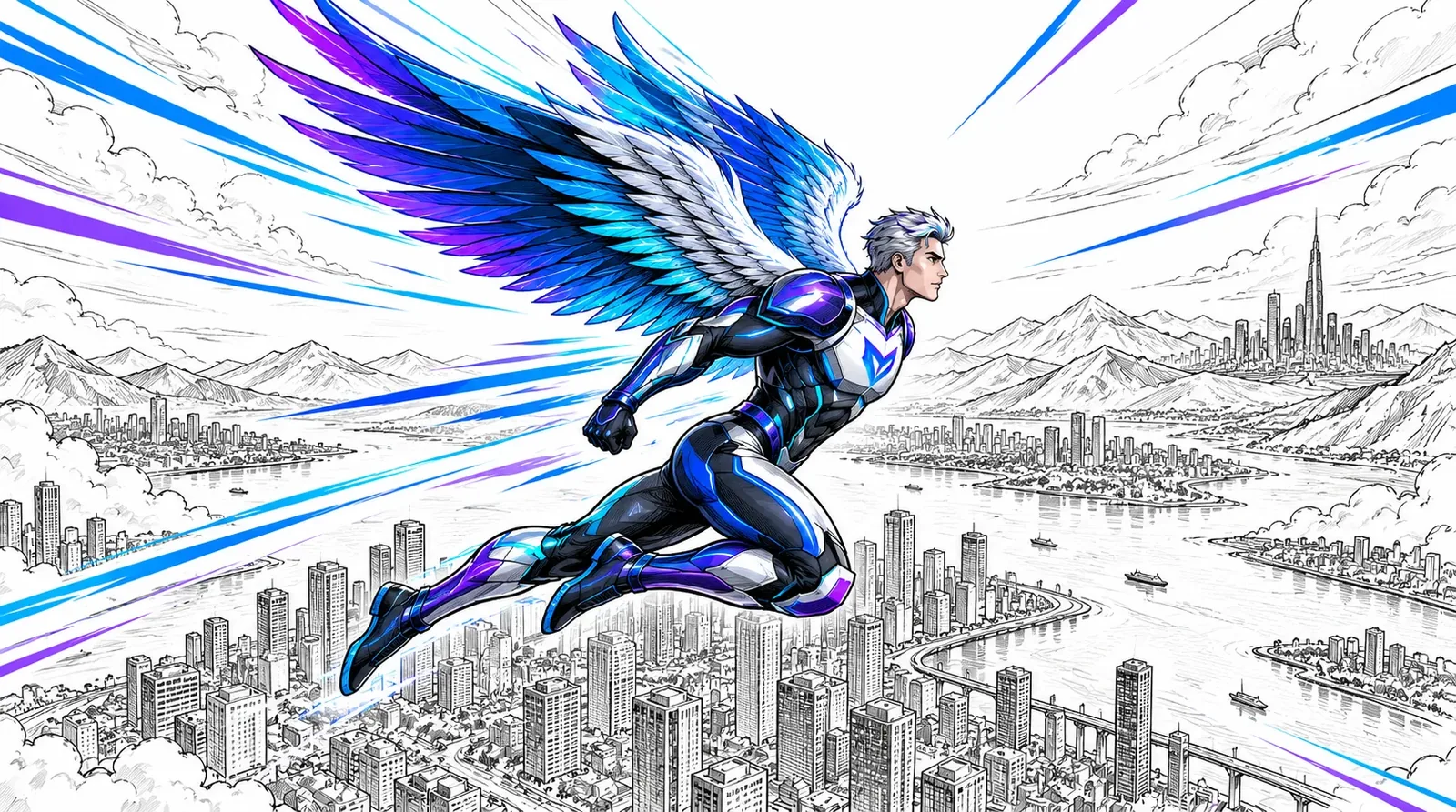 Illustration of a winged hero with blue and violet wings flying fast over a city skyline