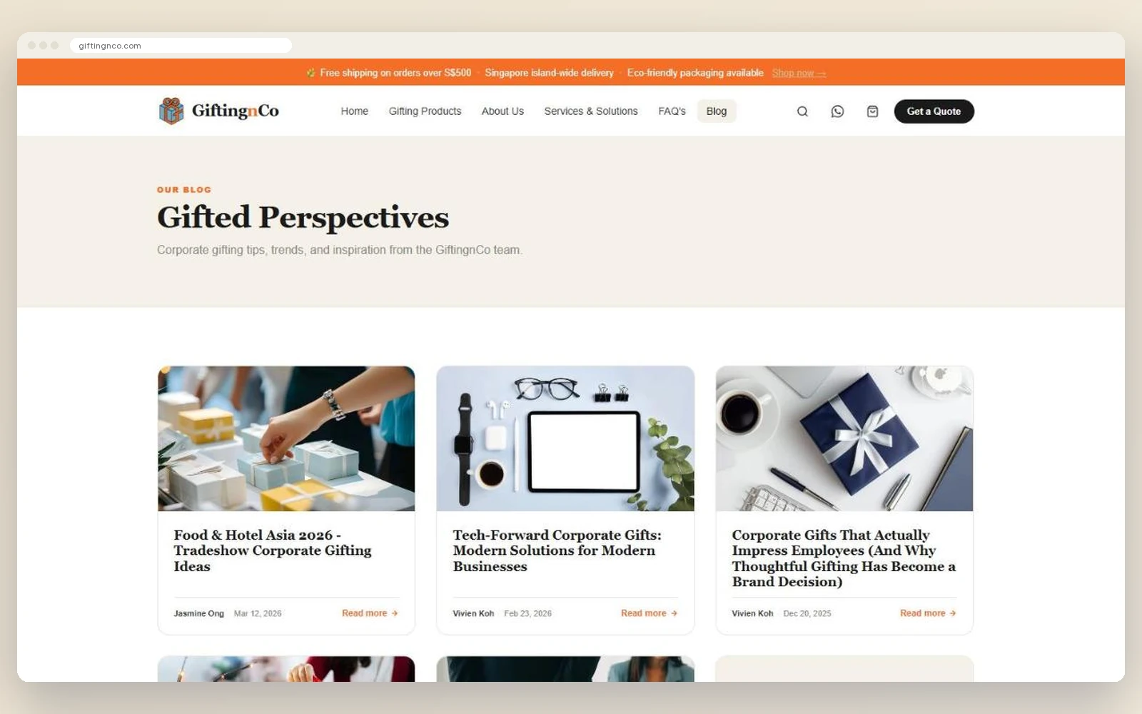 The redesigned GiftingnCo blog page titled Gifted Perspectives with article cards showing author, date and a read more link