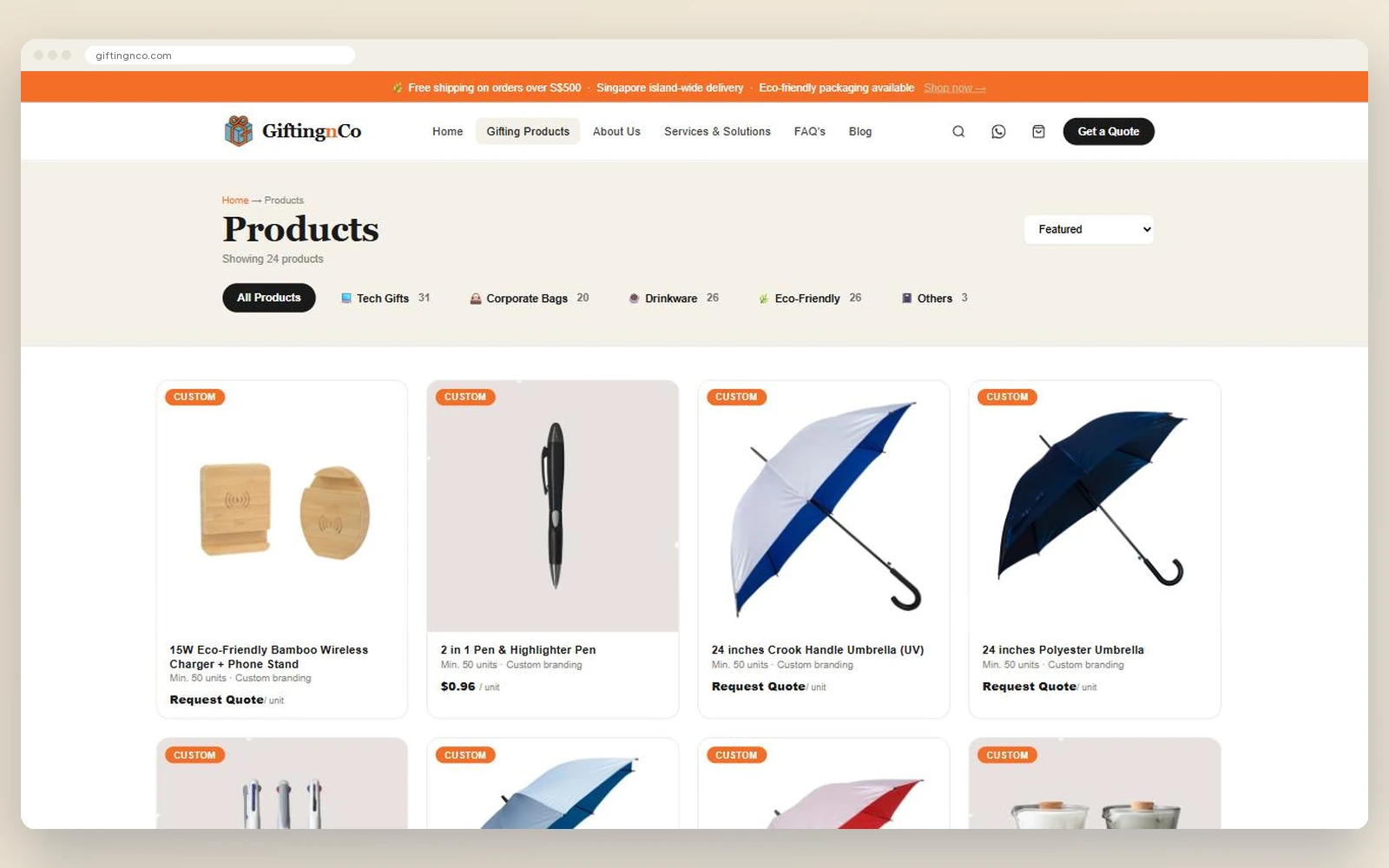 The redesigned GiftingnCo products page with category filters and product cards