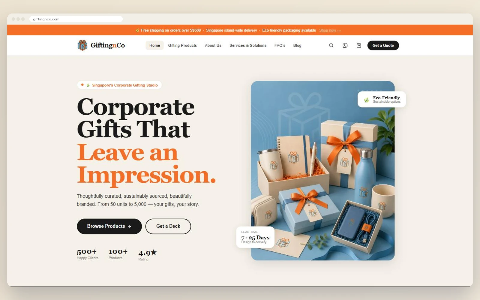 The redesigned GiftingnCo homepage with a headline, calls to action and a gift composition