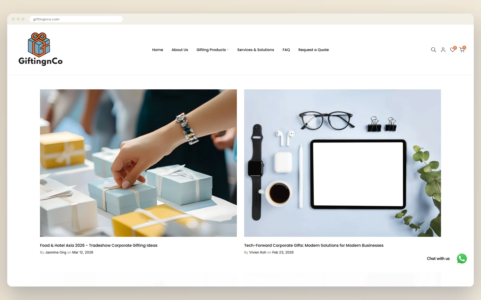 The previous GiftingnCo blog page, a two-column grid of large images with article titles