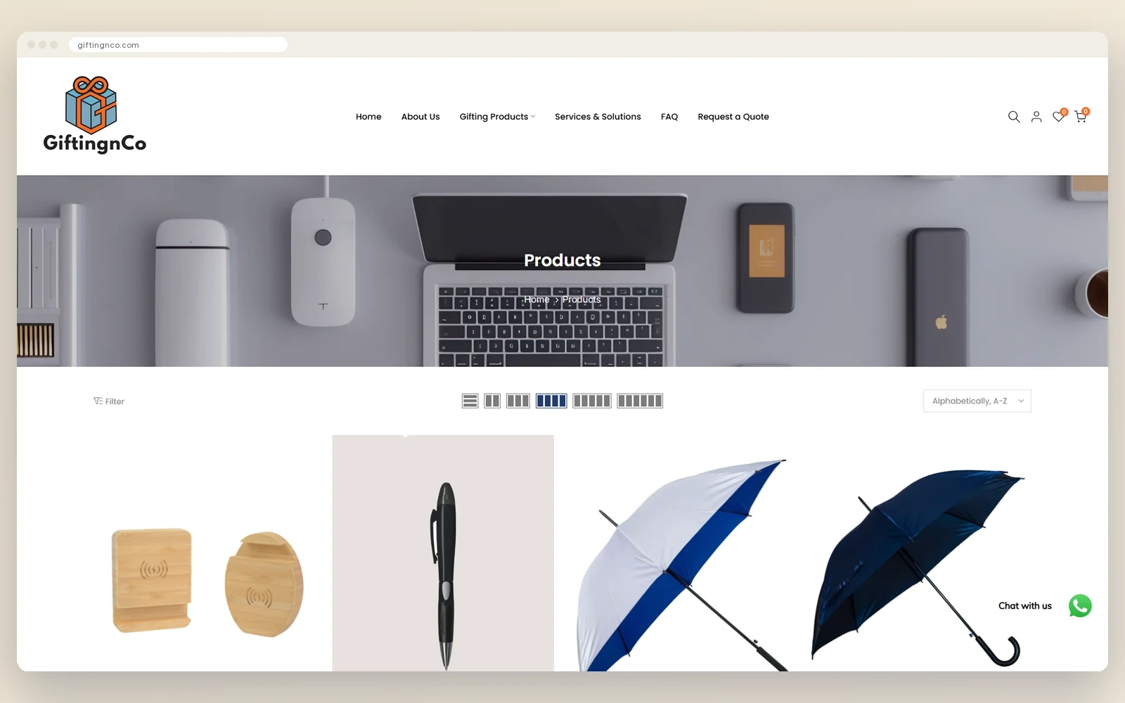 The previous GiftingnCo products page with a large banner above the grid