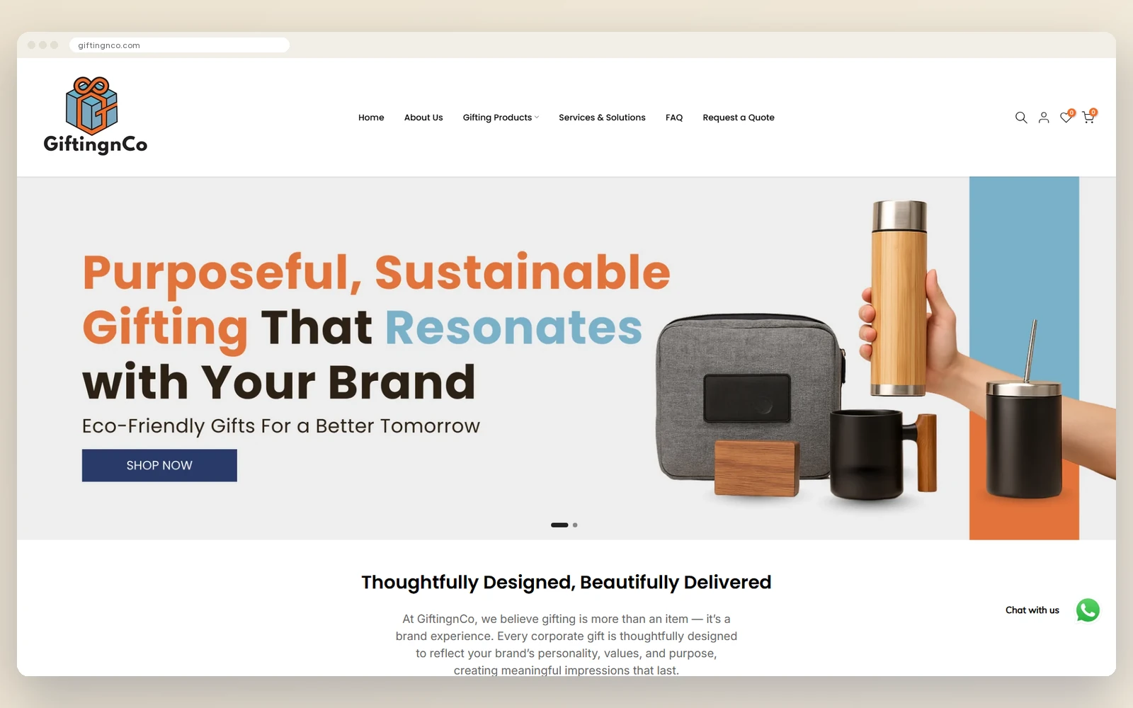 The previous GiftingnCo homepage, a banner image above a text introduction