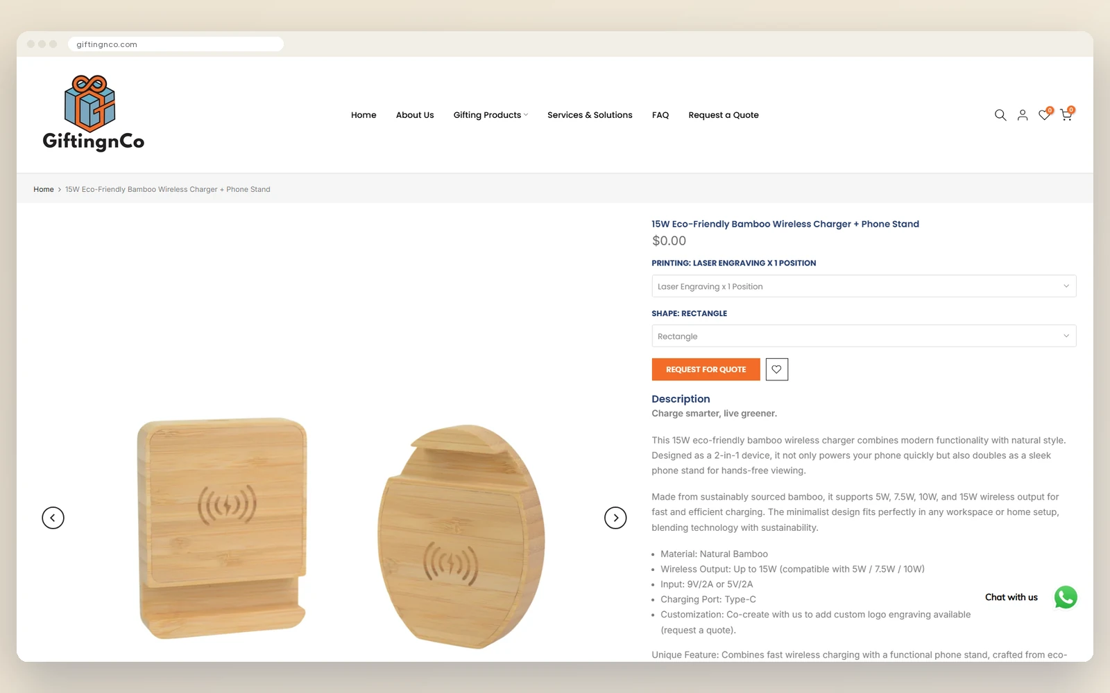 The previous GiftingnCo product page showing a $0.00 price and dropdown options
