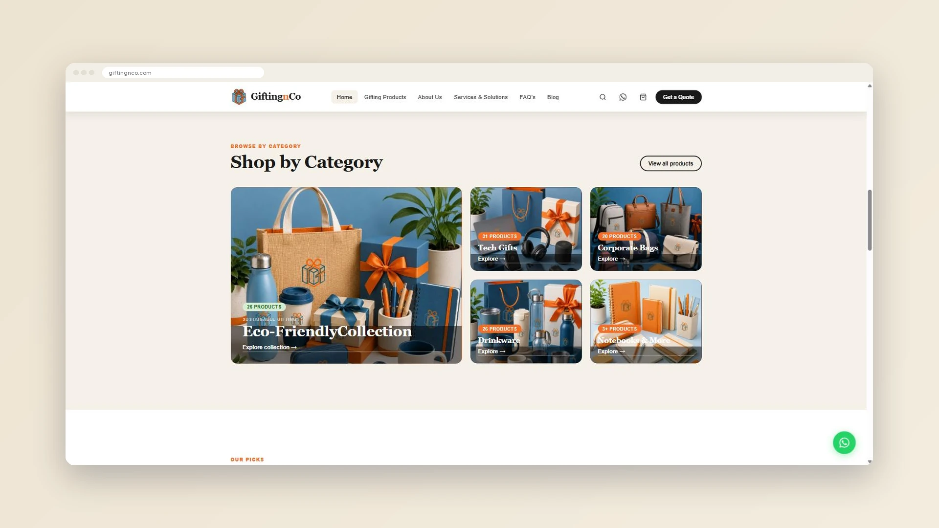 GiftingnCo homepage category mosaic with eco-friendly, tech, bags, drinkware and notebook collections