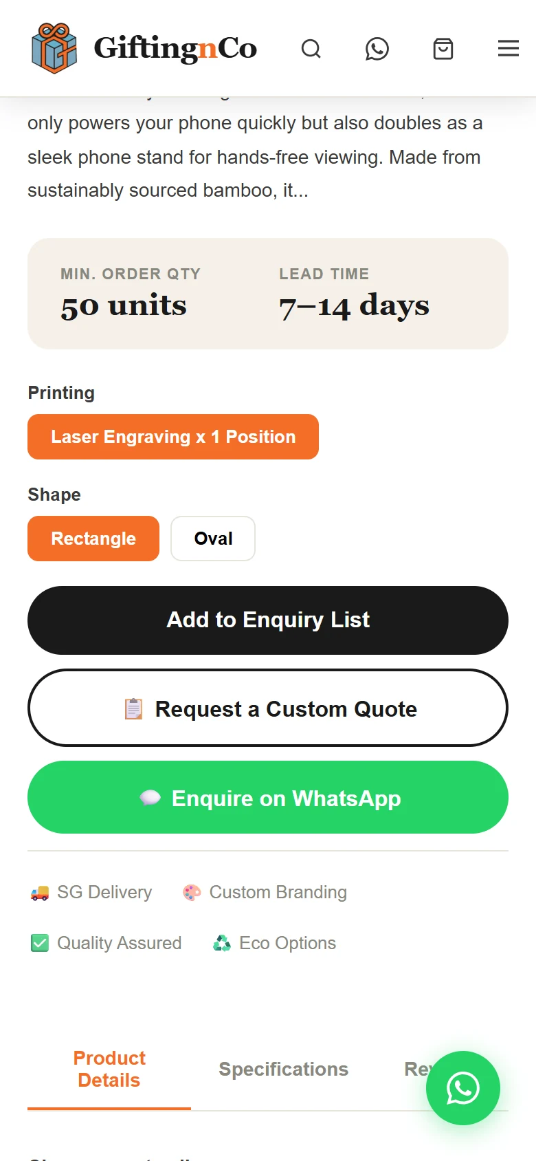 GiftingnCo product page on a phone showing minimum order quantity, lead time, printing options and enquiry buttons