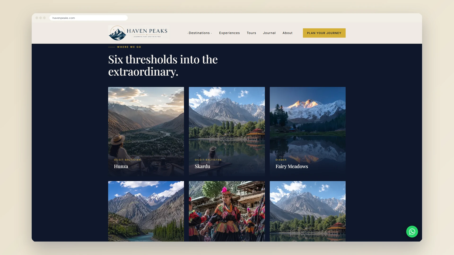 Haven Peaks homepage section with destination cards for Hunza, Skardu, Fairy Meadows, Chitral, Kalash and Deosai