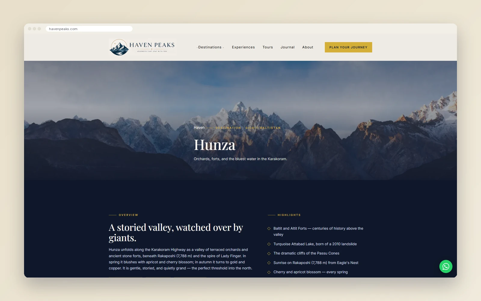 Haven Peaks Hunza destination page with a mountain banner, an overview and a list of highlights