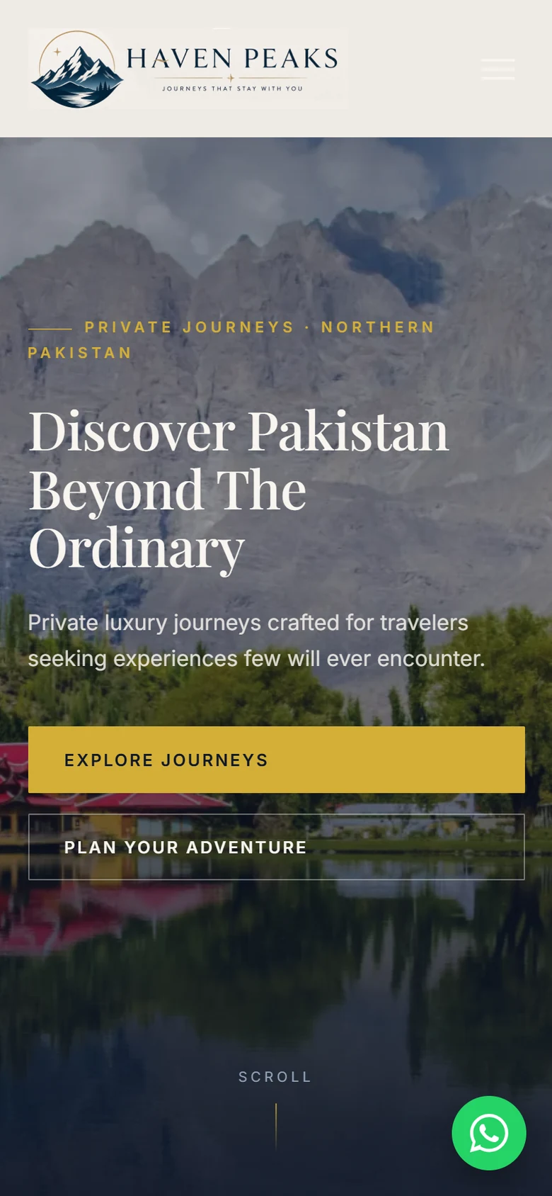 Haven Peaks homepage on a phone with the headline Discover Pakistan Beyond The Ordinary and two buttons