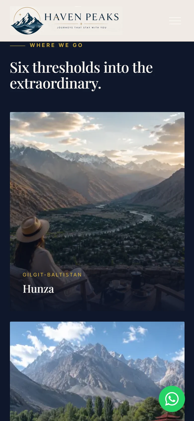 Haven Peaks destinations on a phone, with a large Hunza card in a single column