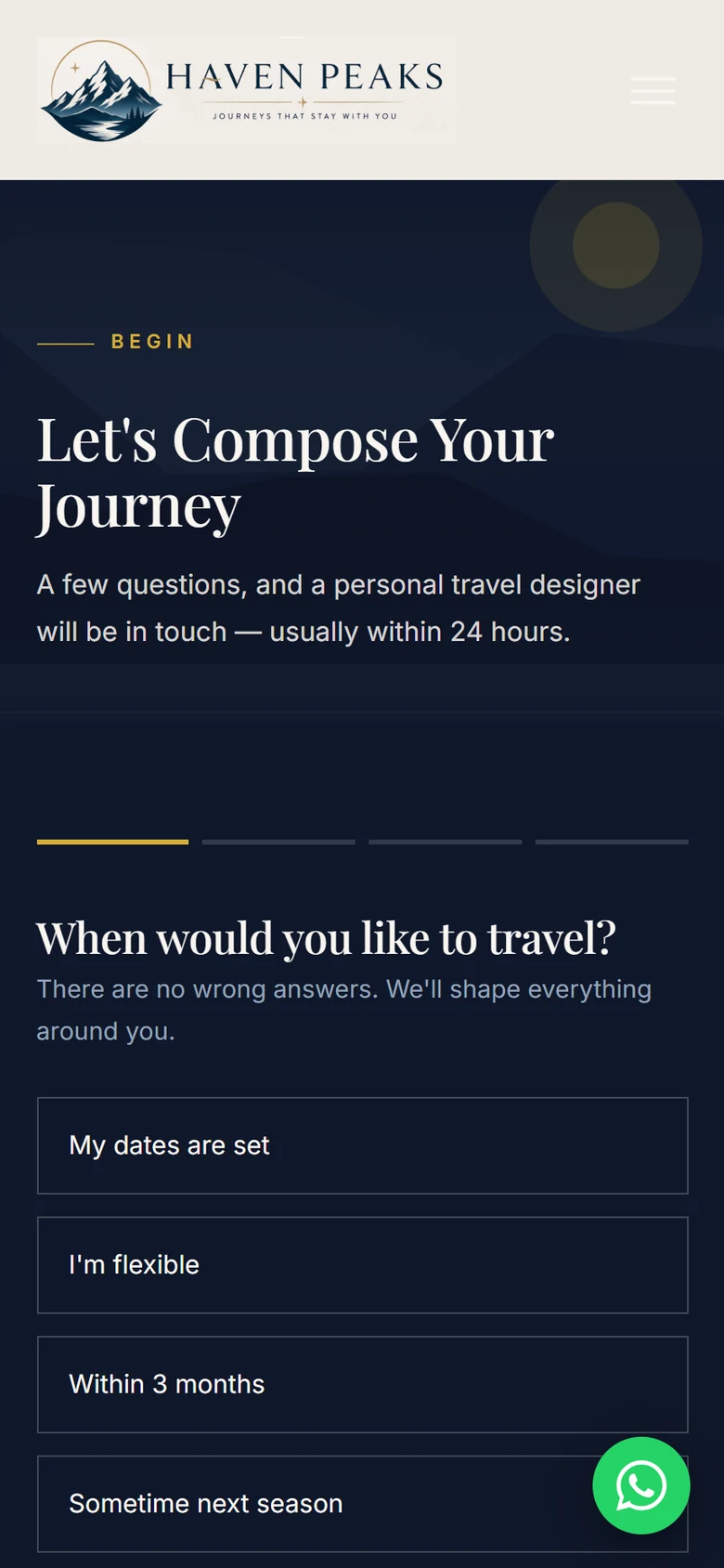 Haven Peaks Plan Your Journey page on a phone showing the first question of the four-step enquiry