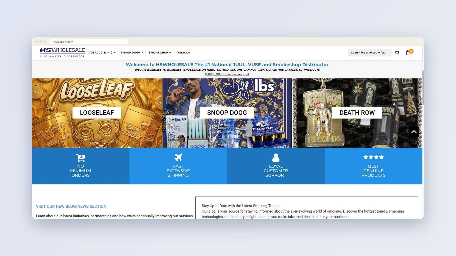 HSWSupply homepage showing the brand tiles and key wholesale benefits