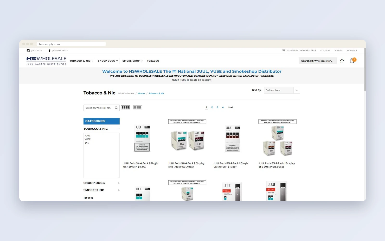 HSWSupply category page with sidebar navigation and a product grid of retouched product images