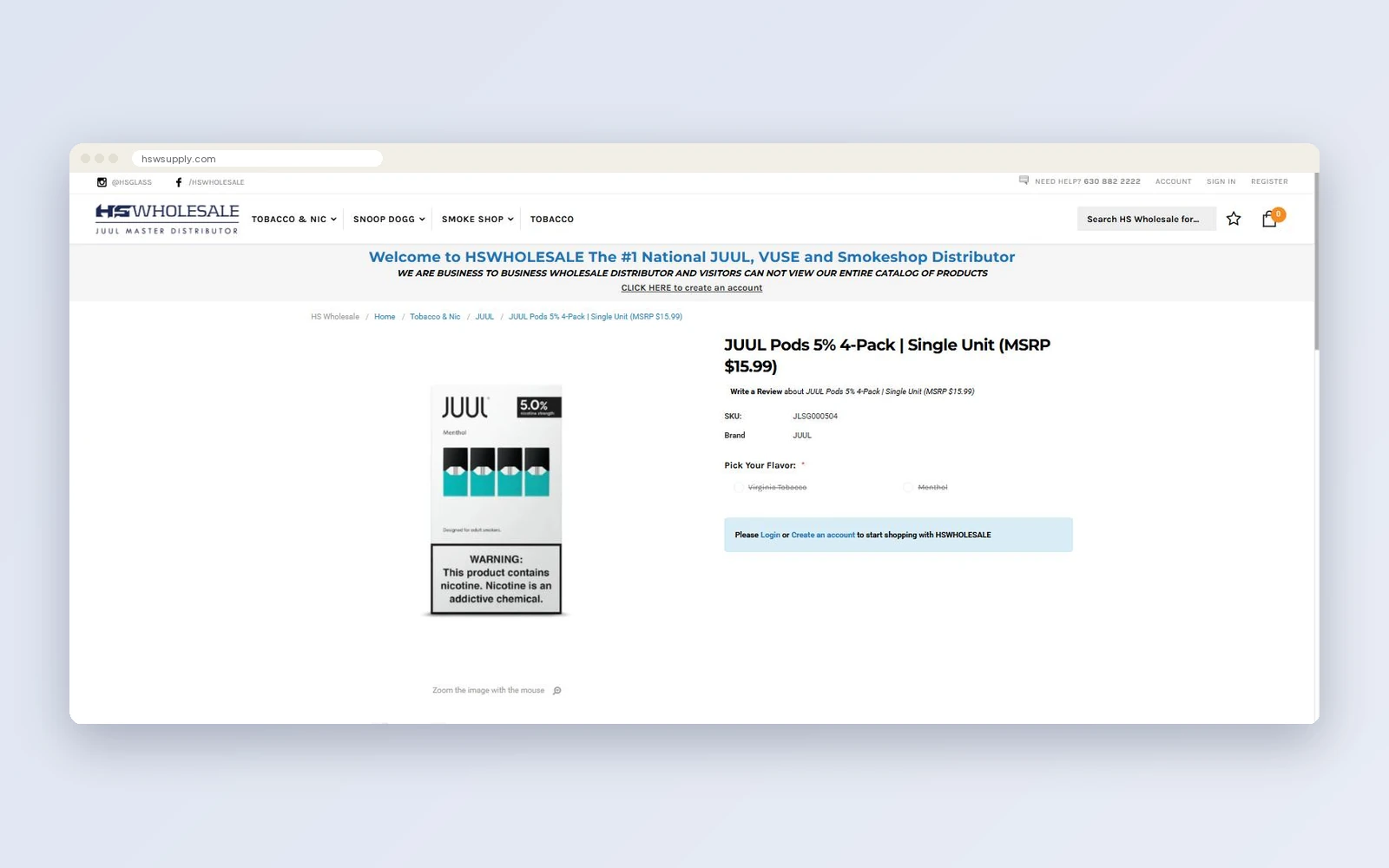 HSWSupply product page with product image, SKU details and flavor selection