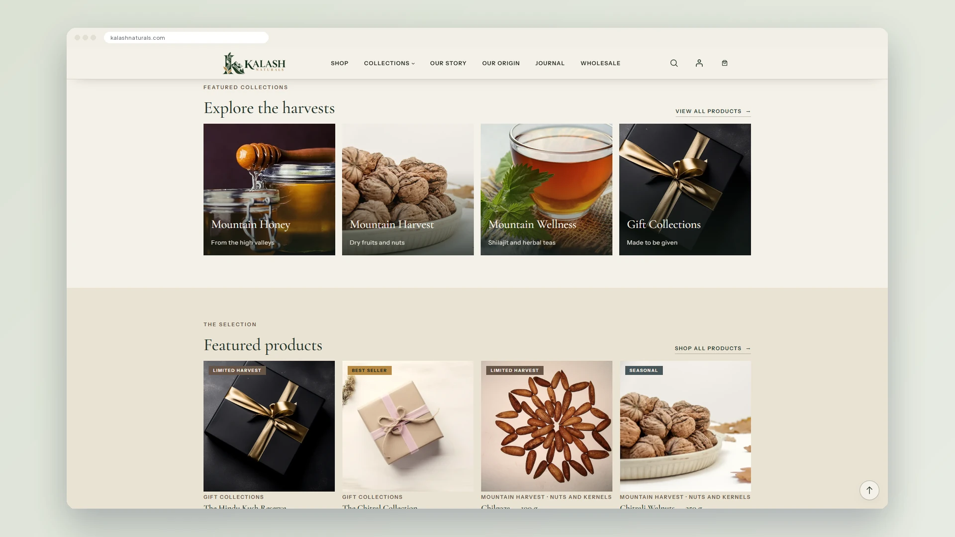 Kalash Naturals homepage collections for honey, dry fruits, wellness and gifts above a row of featured products
