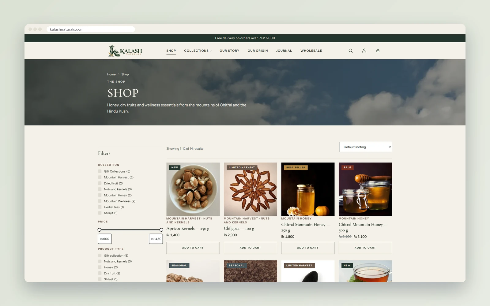Kalash Naturals shop page with collection and price filters beside a grid of product cards with badges