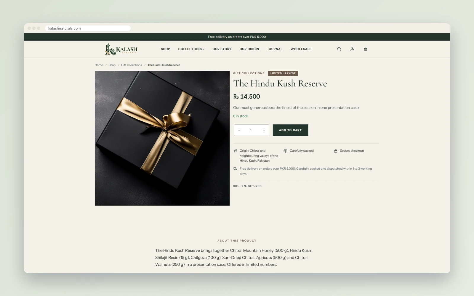 Kalash Naturals product page for The Hindu Kush Reserve gift box with price, stock and delivery details