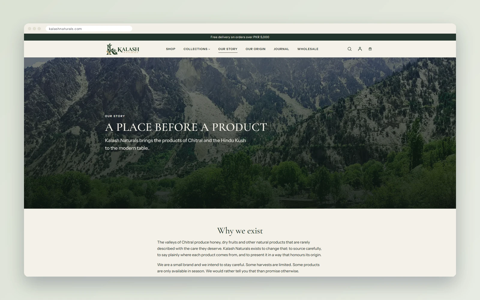 Kalash Naturals Our Story page with a mountain banner and the heading A place before a product