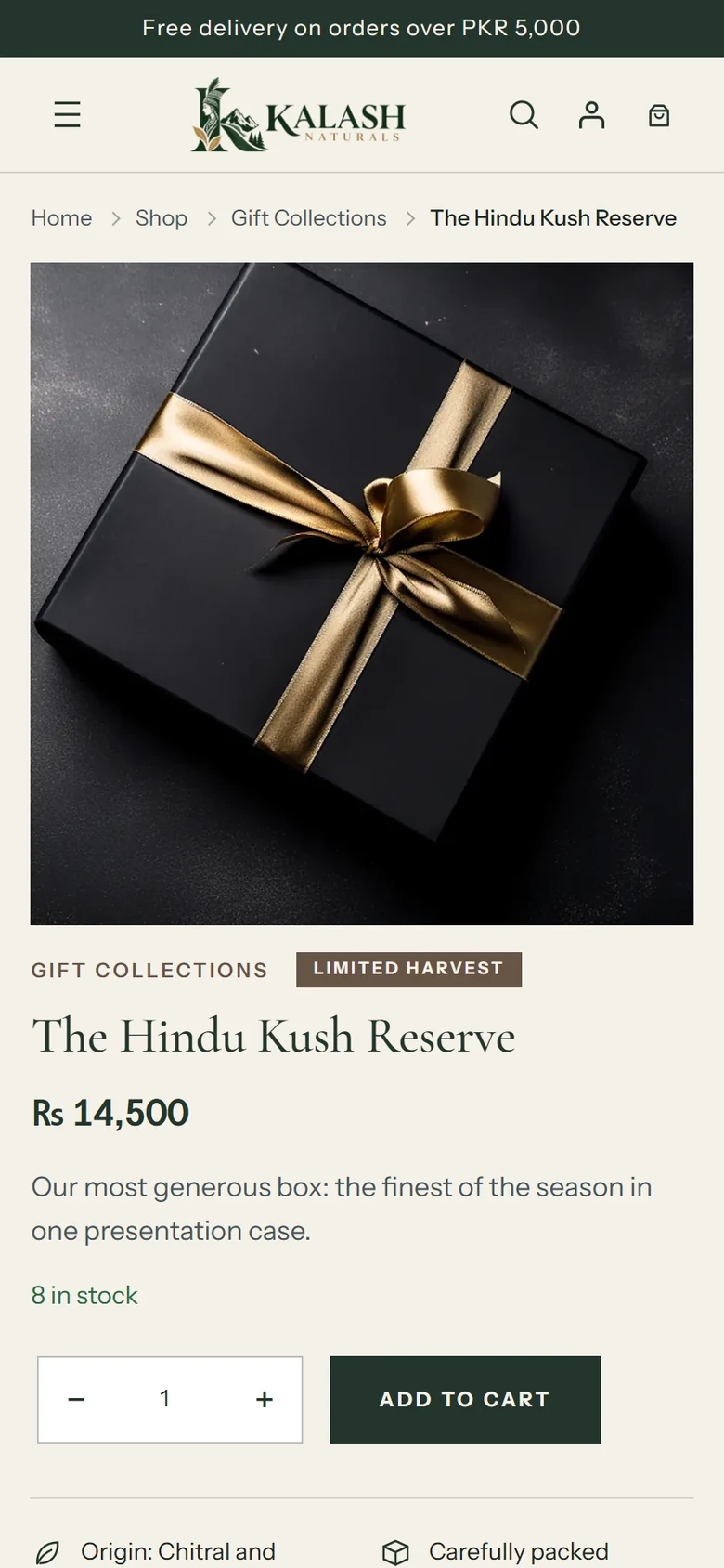 Kalash Naturals product page on a phone showing a gift box, price, stock level and Add to Cart button