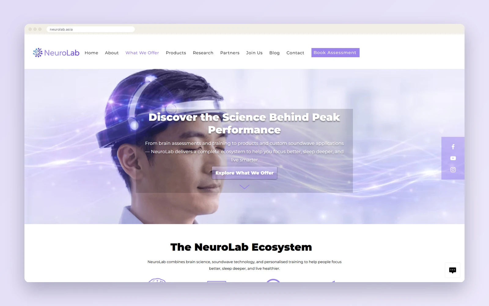 NeuroLab What We Offer page with a banner of a person wearing a brain-training headband