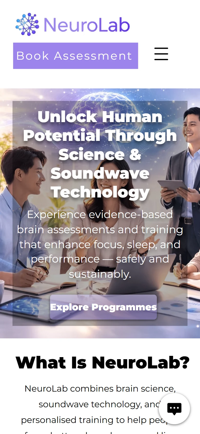 NeuroLab homepage on a phone with the headline, Explore Programmes button and Book Assessment in the header