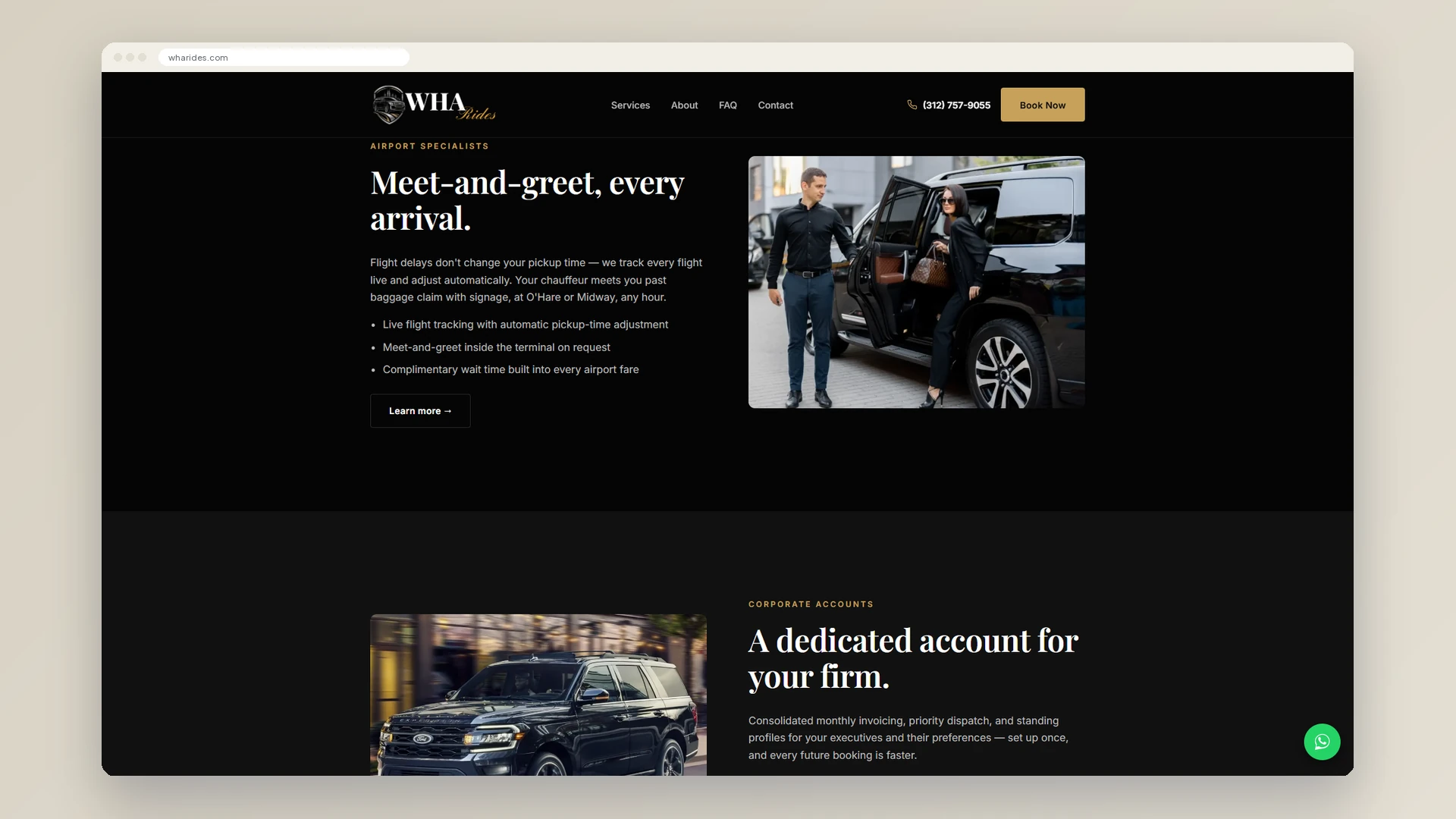 WHA Rides homepage sections for airport meet-and-greet and corporate accounts, each beside a photograph of a chauffeur and an SUV