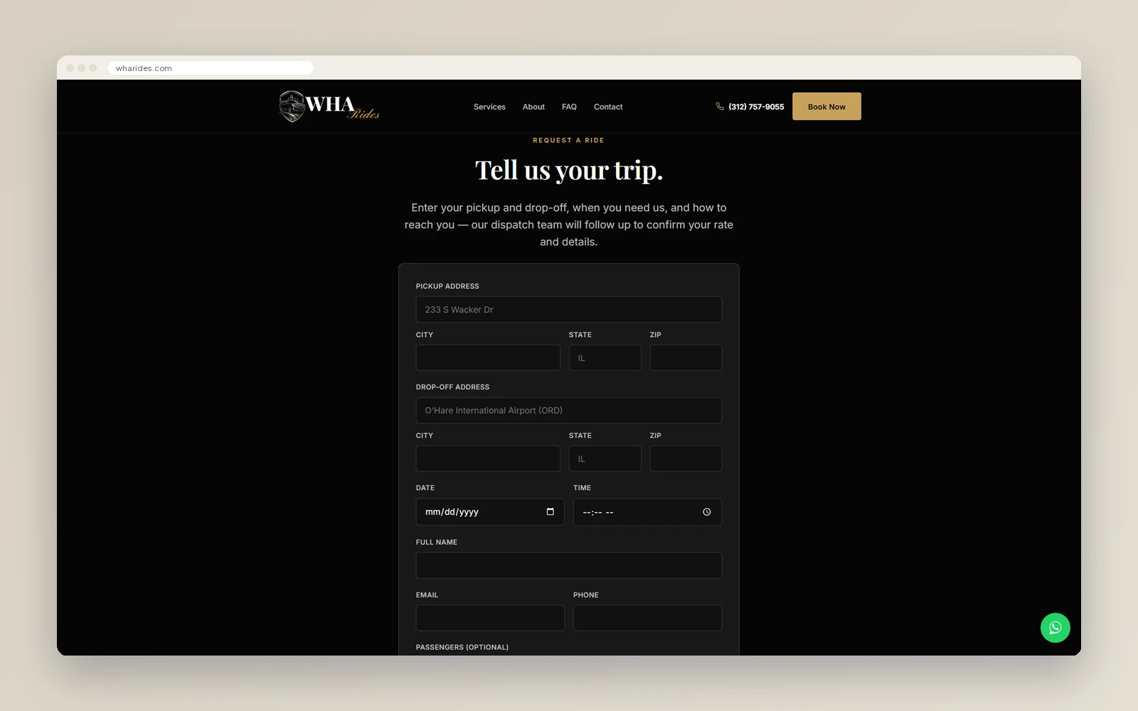 WHA Rides request-a-ride form with pickup and drop-off addresses, date, time and contact fields