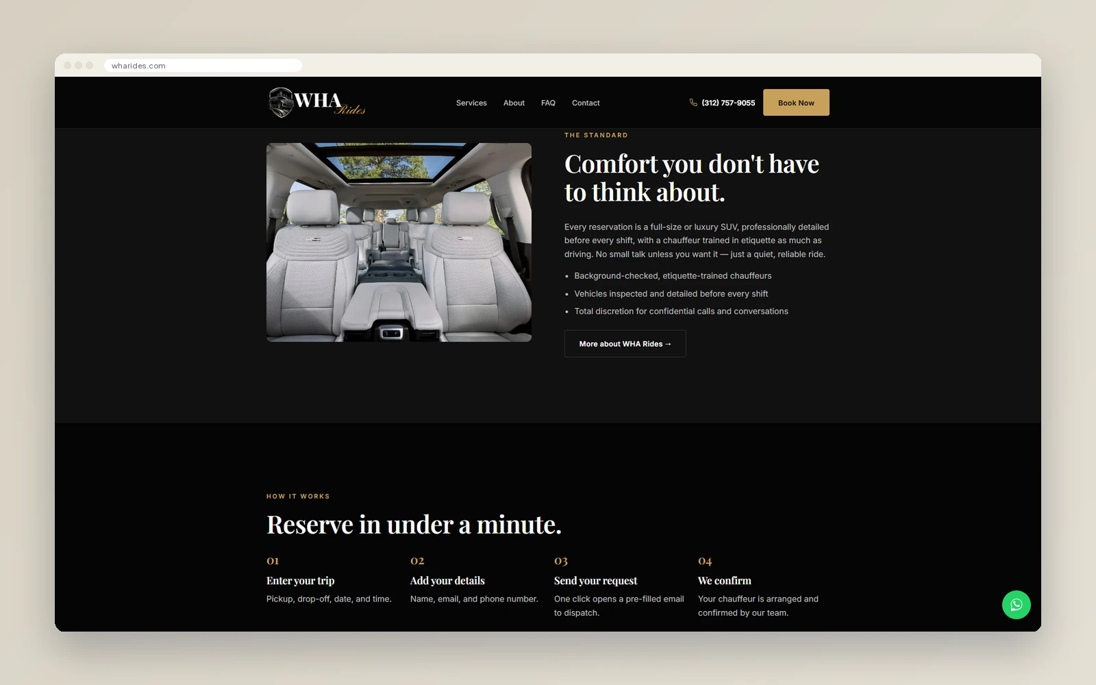 WHA Rides homepage section showing an SUV interior and a four-step How it works list
