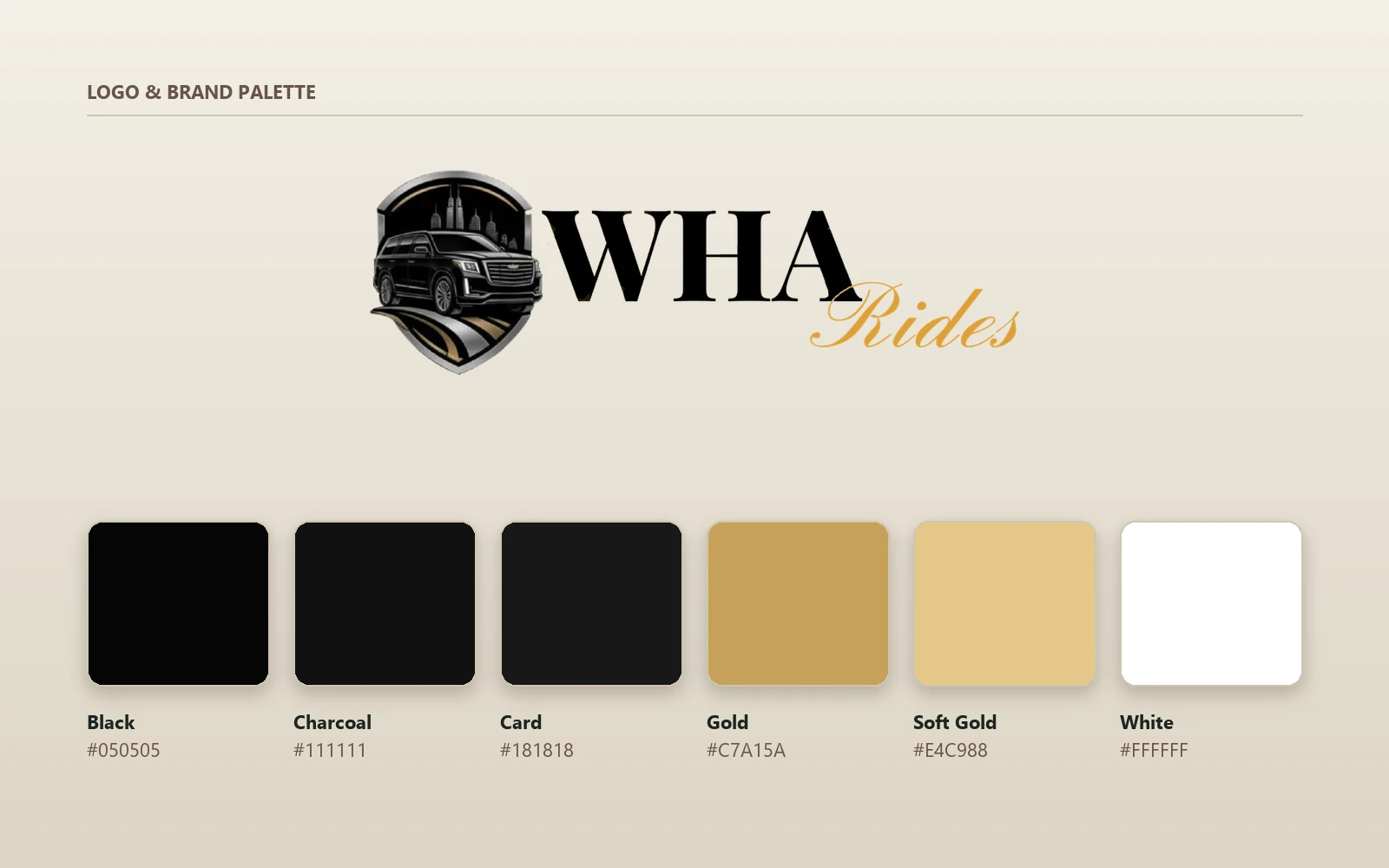 The WHA Rides logo above the brand palette of black, charcoal, gold and white