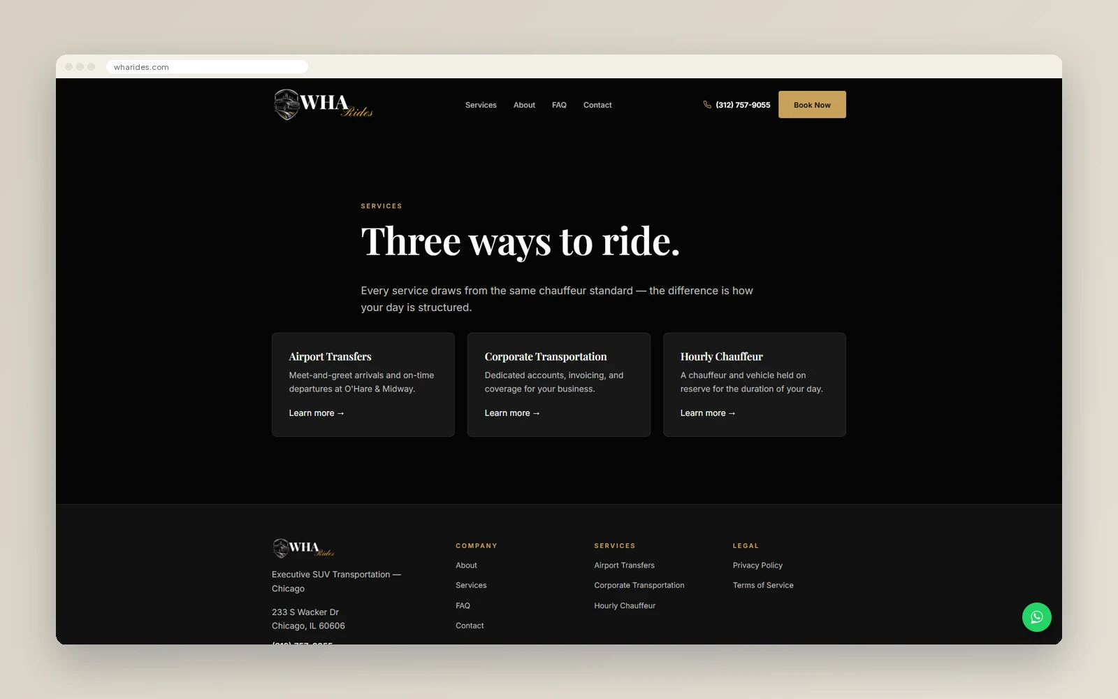 WHA Rides services page with three cards: Airport Transfers, Corporate Transportation and Hourly Chauffeur