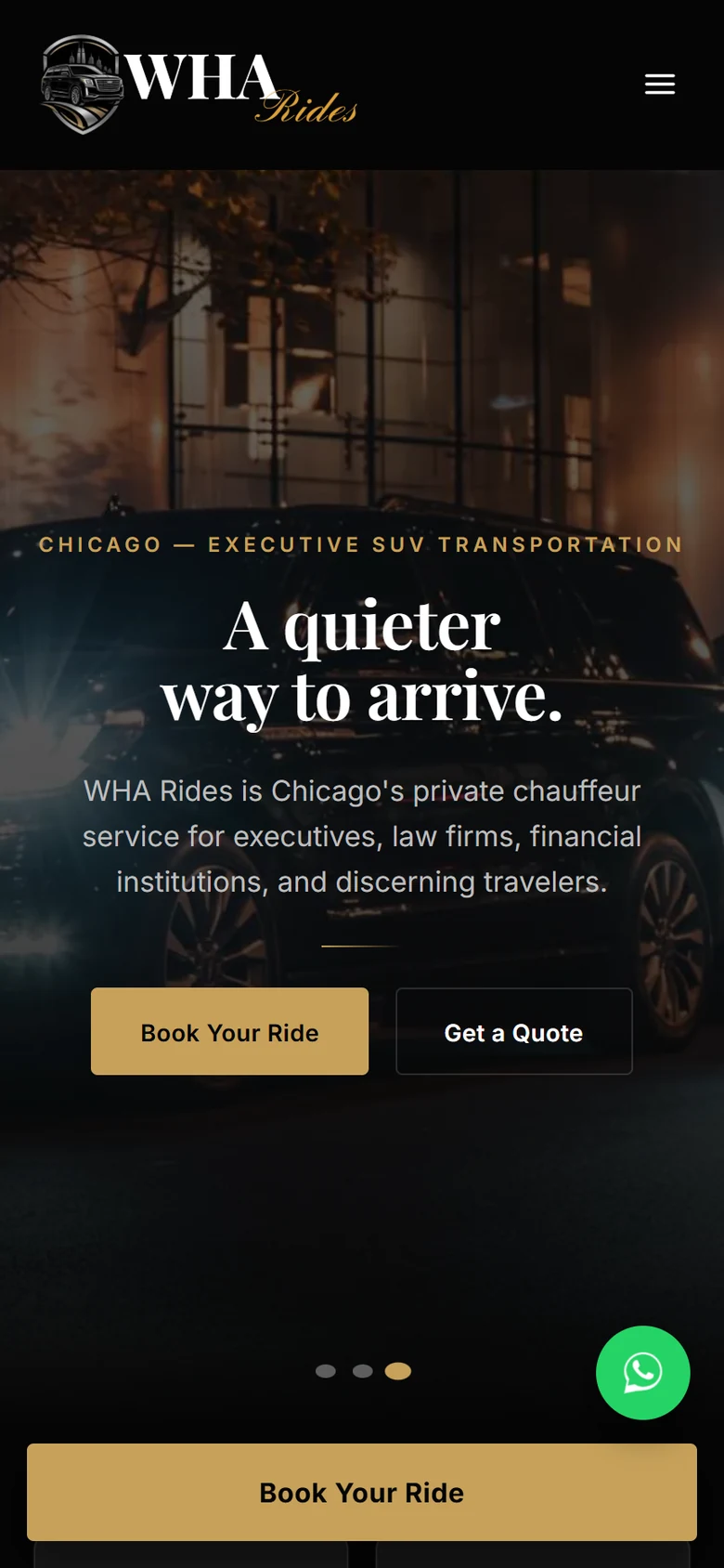 WHA Rides homepage on a phone with the headline A quieter way to arrive and a Book Your Ride button