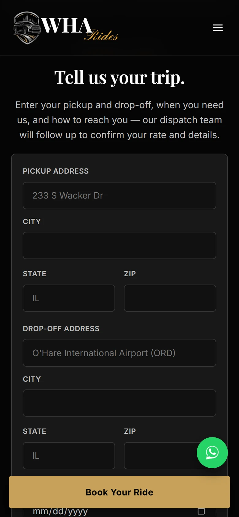 WHA Rides request-a-ride form on a phone with pickup and drop-off fields