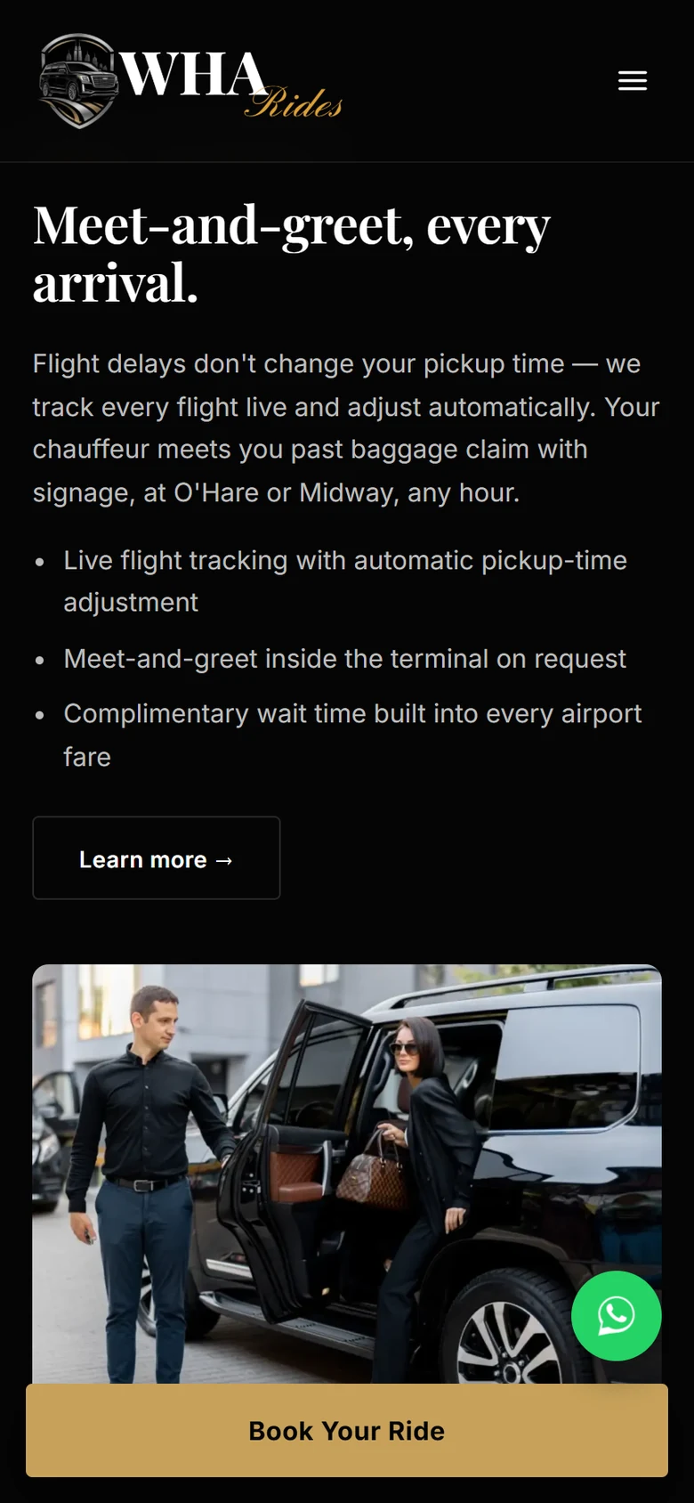 WHA Rides airport meet-and-greet section on a phone with a photograph of a chauffeur opening a car door